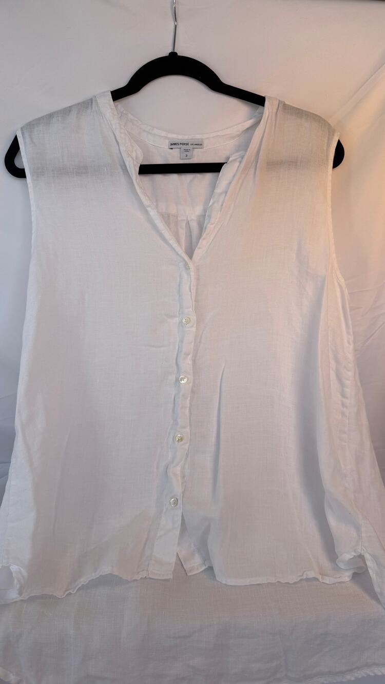 James Perse White 100%  Linen Sleeveless Blouse Sz 3 Button Front Split Neck